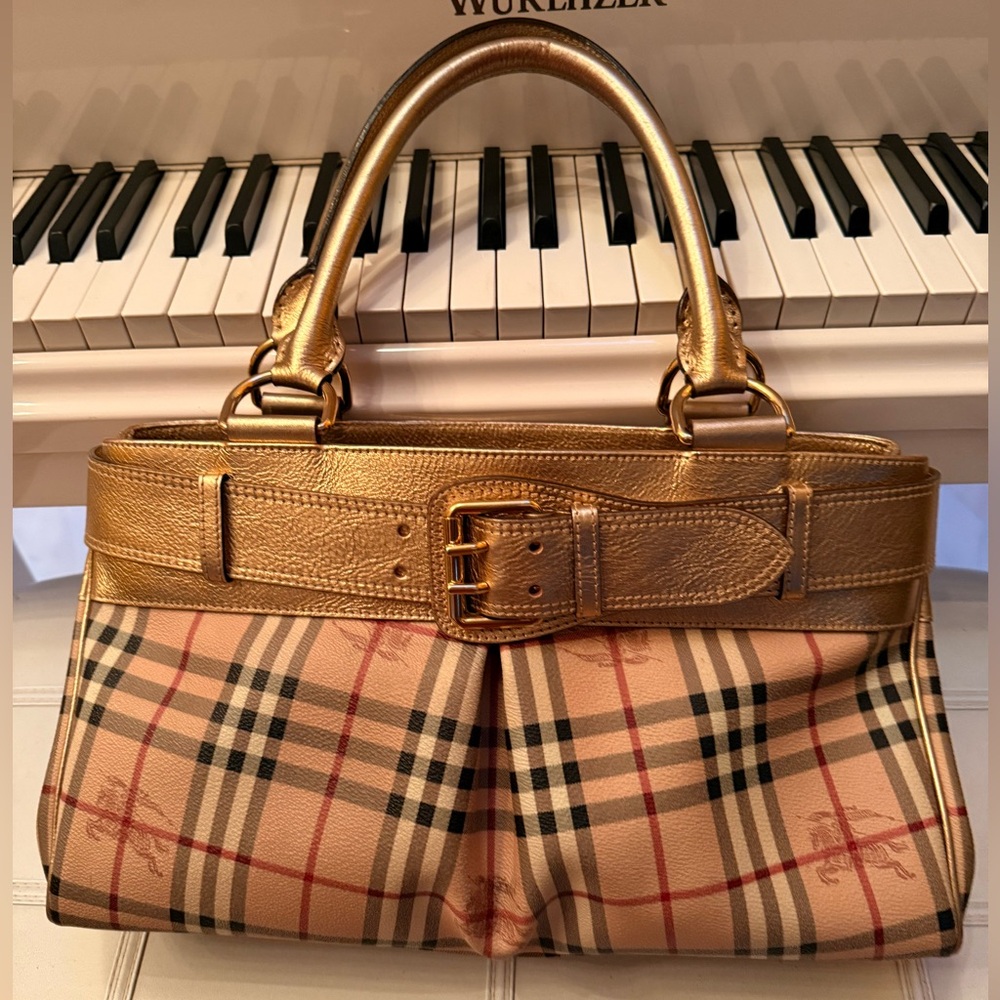 Burberry Gold and Tan Plaid Satchel
